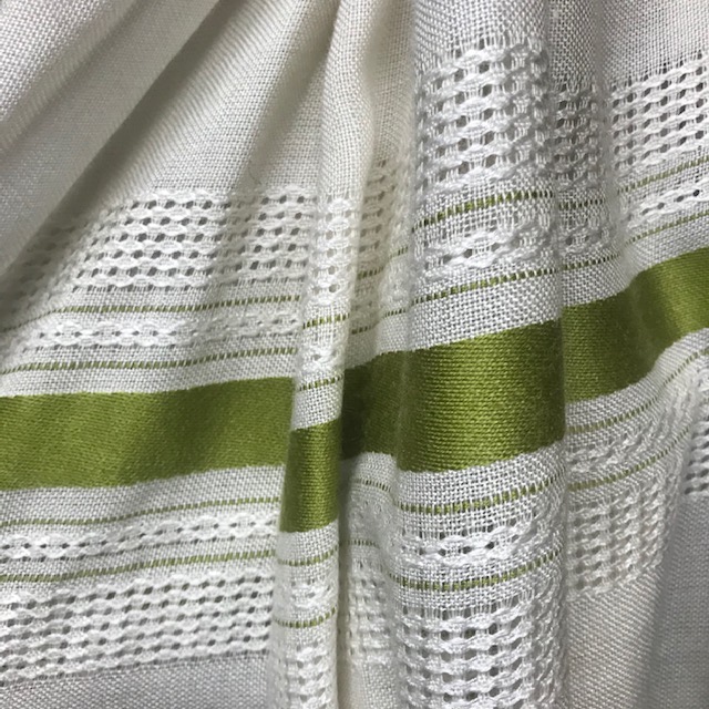 CURTAIN, Pair 1970s Natural Weave w Green Stripe